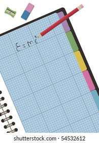 graph paper notebook with clipping mask, with pencil and writing