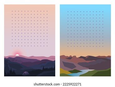 Graph paper. Printable dotted grid paper. Gratitude Journal Customizable Interior. Geometric abstract dotted transparent illustration with dots. Mountain landscapes on background