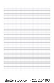 Graph paper. Printable grid paper with stave on a white background. A blank music sheet paper with staff. Geometric pattern for composition, education, school. Realistic lined paper blank size A4.