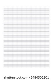 Graph paper. Printable grid paper with stave on a white background. A blank music sheet paper with staff. Geometric pattern for composition, education, school. Realistic lined paper blank size A4.