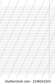 Graph paper. Printable lined grid paper with color horisontal, diagonal lines. Geometric pattern for school, oblique notebook. Realistic lined paper blank size A4. Exercise page for calligraphy.