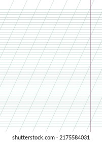 Graph paper. Printable lined grid paper with color horisontal, diagonal lines. Geometric pattern for school, oblique notebook. Realistic lined paper blank size Letter. Exercise page for calligraphy.