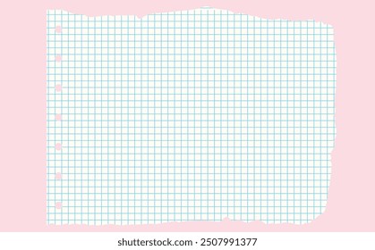 Graph paper. Printable lined and squared grid paper with color lines. Geometric background for school, textures, notebook, diary. Realistic ripped aged paper blank.