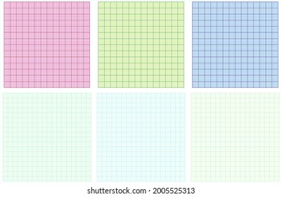 Graph paper set in blue, green, red checkered background. Squared paper sheet. Printable grid paper with color lines for school, technical engineering. Set of 6