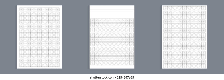 Graph paper set. Workbook for writing hieroglyphs. Realistic lined paper for printing. Geometric pattern for school. Simulator for writing Chinese characters. Page of calligraphy exercises.