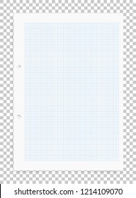 Graph paper sheet with blue pattern on transparent background and soft shadow. Vector illustration.