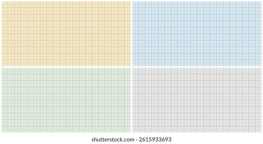 Graph paper sheets with grid. Millimeter paper texture, geometric pattern. Colorful lined blank for drawing, studying, technical engineering or scale measurement. Vector illustration