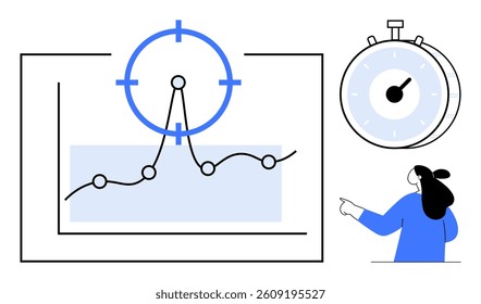 Graph with a peak highlighted by a target icon. Stopwatch showing time. Individual pointing. Ideal for business analysis, performance metrics, time management, goal setting, strategic planning
