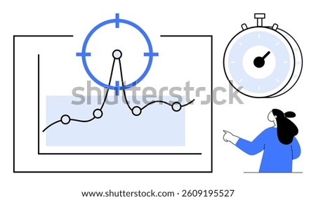 Graph with a peak highlighted by a target icon. Stopwatch showing time. Individual pointing. Ideal for business analysis, performance metrics, time management, goal setting, strategic planning