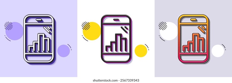 Graph phone line icon. Halftone dotted pattern. Gradient icon with grain shadow. Column chart sign. Growth diagram symbol. Line graph phone icon. Various designs. Vector