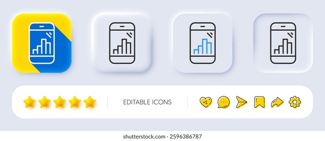 Graph phone line icon. Neumorphic, Flat shadow, 3d buttons. Column chart sign. Growth diagram symbol. Line graph phone icon. Social media icons. Vector