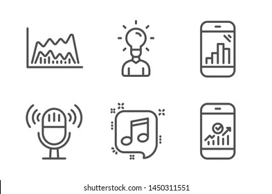 Graph phone, Microphone and Musical note icons simple set. Education, Trade chart and Smartphone statistics signs. Mobile statistics, Mic. Education set. Line graph phone icon. Editable stroke. Vector