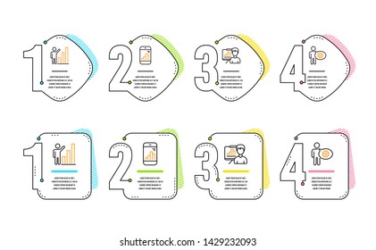 Graph phone, Presentation board and Graph chart icons simple set. Cogwheel sign. Mobile statistics, Growth chart, Growth report. Engineering tool. Technology set. Infographic timeline. Vector