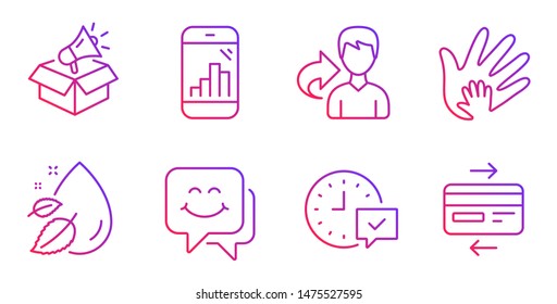 Graph phone, Share and Water drop line icons set. Social responsibility, Megaphone box and Select alarm signs. Smile face, Credit card symbols. Mobile statistics, Male user. Business set. Vector