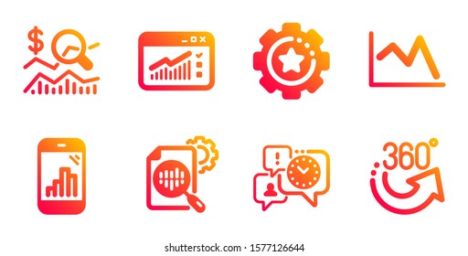 Graph phone, Time management and Seo stats line icons set. Check investment, Web traffic and Line chart signs. Settings gear, 360 degrees symbols. Mobile statistics, Office chat. Science set. Vector