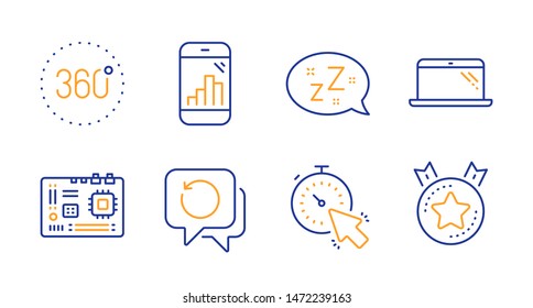 Graph phone, Timer and Sleep line icons set. Recovery data, Motherboard and 360 degrees signs. Laptop, Ranking star symbols. Mobile statistics, Time management. Technology set. Vector