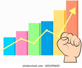Graph presentation with diagram and human hand with raised fist symbol of strength and fortitude. Business statistics and analytics with growing lines. Financial indicators and mathematical dynamics