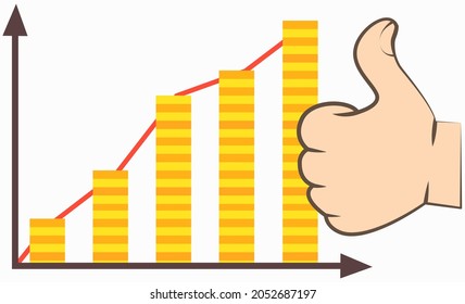 Graph presentation with diagram and human hand showing symbol ok thumb up. Business statistics and analytics with growing lines. Financial indicators and mathematical dynamics with ok sign