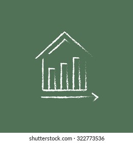 Graph of real estate prices growth hand drawn in chalk on a blackboard vector white icon isolated on a green background.