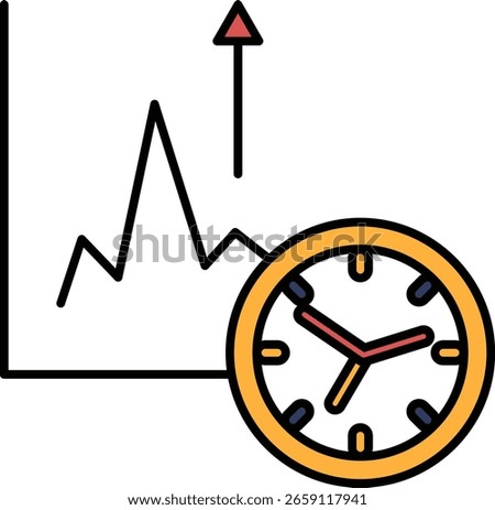 A graph with a red arrow pointing upwards and a clock with the hands at the numbers 3 and 9