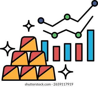 Um gráfico com uma linha vermelha e uma linha azul é exibido ao lado de uma pilha de barras de ouro. O gráfico parece estar mostrando uma tendência ou padrão, enquanto as barras de ouro representam riqueza ou valor