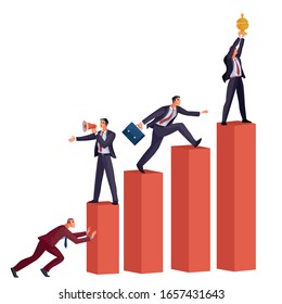 graph of red pillars on which men stand with a cup, with a shout, and a man with a briefcase jumps, a man pushes a graph, isolated object on a white background,