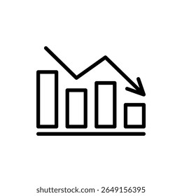 Graph reduction with arrow down, line chart icon. Financial fall, decrease, fail. Statistics and analytics. Vector flat illustration