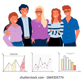 Graph report, growth chart, portrait view of group of people in casual clothes embracing, closeup view of workers, teamwork presentation, work vector