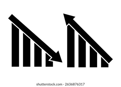 Graph rise and decrease. Up and down graph chart vector icon set. Green market up. Red arrow goes down sign. Economy rise and decline symbol. Vector illustrator