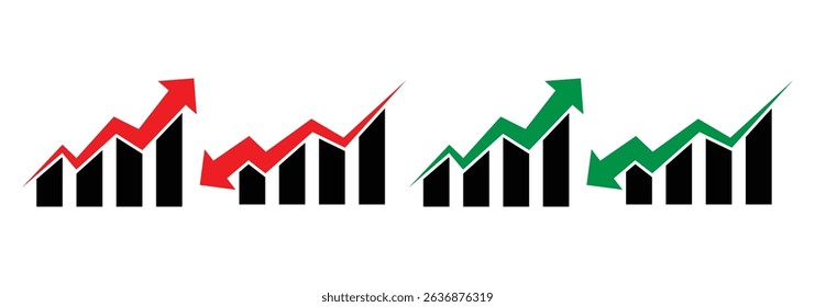 Graph rise and decrease. Up and down graph chart vector icon set. Green market up. Red arrow goes down sign. Economy rise and decline symbol. Vector illustrator