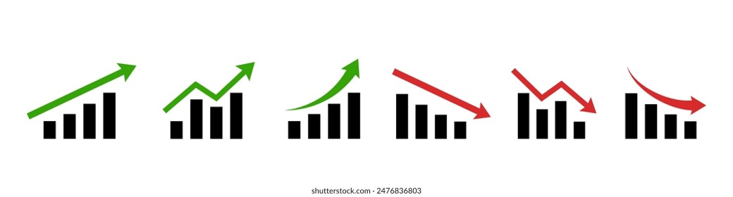 Graph rise and decrease. Red arrow goes down sign. Green market up. Crisis icon isolated. 