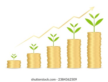 Graph Rising in Business Profit. Plant Growing on Coin Stack. Growing Money, Saving and Business Investment Concept. Vector Illustration. 