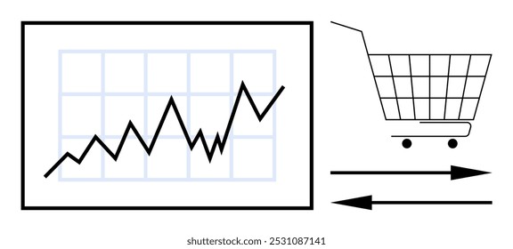 Um gráfico com pontos de dados crescentes representa o crescimento econômico ao lado dele, um ícone de carrinho de compras com setas indica as tendências do mercado. Ideal para negócios, finanças, análise de mercado, crescimento de vendas, economia