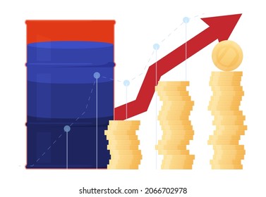 Graph of rising oil prices. Barrel of oil in section. Vector illustration on a white background