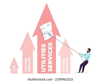 A graph of rising prices for utilities in the form of four pink arrows with a leaflet or a check for paying utility bills and a man with a beard in a shirt and trousers, who pulls them down with a rop