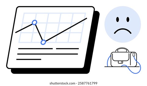 Graph screen with downward trendline, two data points, grid lines, sad face, and briefcase. Ideal for business analysis, financial reporting, market decline, performance review, economic downturn