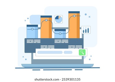 Graph search concept, business financial data analysis. Big data and analysis, document with graphs, flat design vector illustration.