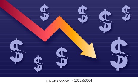 Graph show value loss of dollar, modern trendy colors, gradient arrow and purple usd symbols, vector illustration