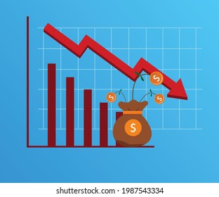 Graph showing the decrease of bitcoin currency value. The price of Bitcoin has drope. Cryptocurrency decline graph chart.  Vector illustration