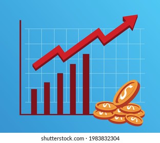 Graph showing the increase of dollar coin currency value. The price of dollar coin has increase. Dollar currency incline graph chart.  Vector illustration