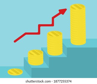 Graph showing trend arrow. Graphic with money icon vector. Flat blue background. Flying money. Economy, finance, money pictogram. Wealth symbol. Vector illustration. Free, easy.