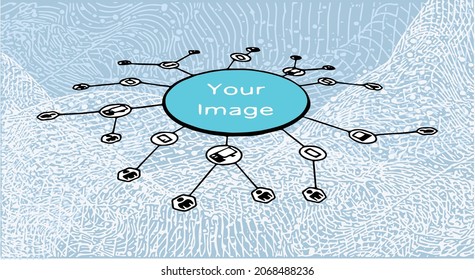  A graph showing the world is closely connected via the phone, computer, laptop, and Internet to create a metaverse, with a circle in the middle, allowing users to post their logo or text.