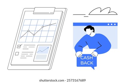 Graph shows upward trend report with checklists. Person holds cash back sign. Ideal for finance, investments, savings, financial planning, marketing. Modern clean style