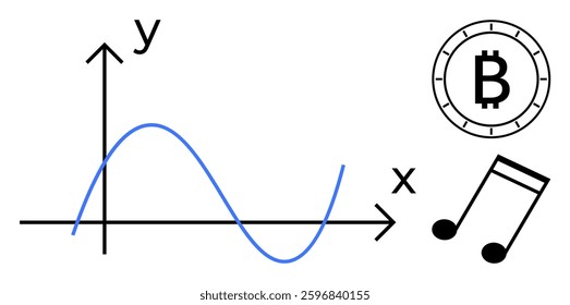 Graph with sine wave intersects axis next to Bitcoin symbol and musical note. Ideal for finance, technology, cryptocurrency, investment, analysis, education, multimedia. Line metaphor