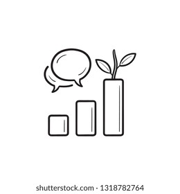Graph with speach bubbles and plant hand drawn outline doodle icon. Organic reach, audience engagement concept. Vector sketch illustration for print, web, mobile and infographics on white background.