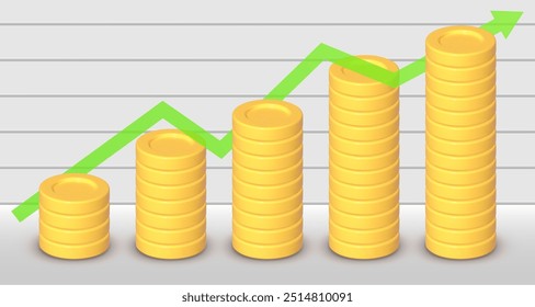 Gráfico con pilas de monedas de oro. Renderización 3D. Ilustración vectorial sobre fondo blanco. Aumento de los Precios, aumento de los Precios, aumento de los salarios