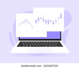 Graph of Stock Market chart on laptop screen. Trading strategy concept. Candlestick chart of technical analysis. Index of world stock exchanges. Vector illustration.