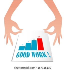 Graph Up of Success Image of hand with text on paper background. Great work and success symbol