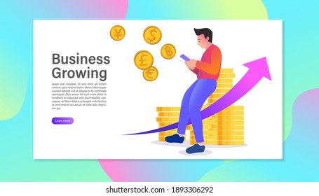 Graph to success. Mobile Currency Exchange Service. man using mobile app for online banking and business growing. Flat Cartoon Vector Illustration