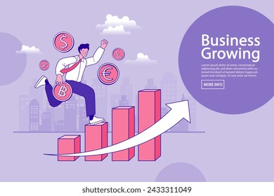 Graph to success. Mobile Currency Exchange Service. man using mobile app for online banking and business growing. Foreign currency exchange. Flat Cartoon Vector Illustration.